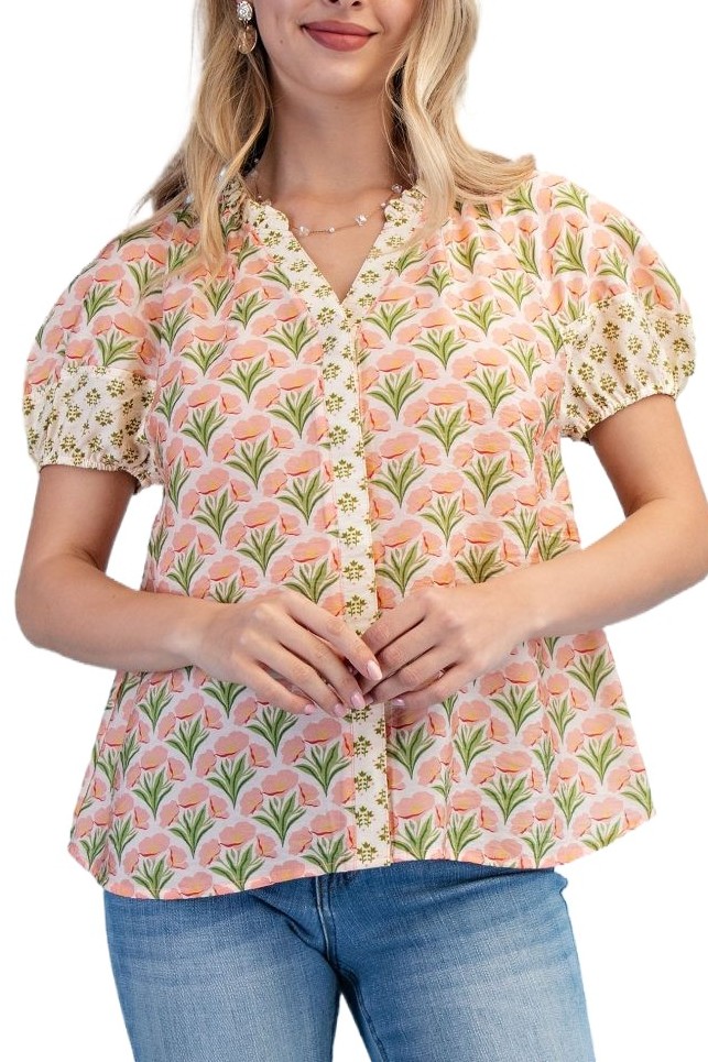 Mixed Floral Print Button Down Top
