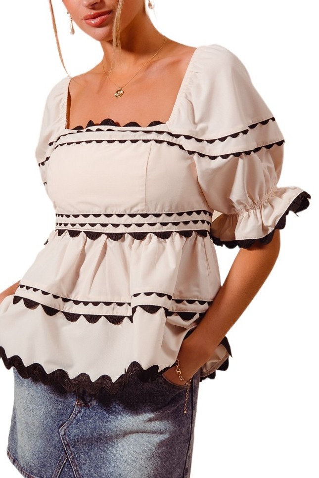 Wave Trim Cotton Bubble Top With Back Zipper And S