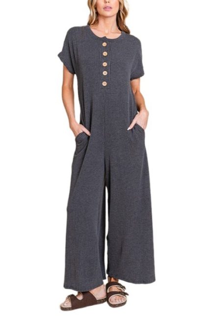 Casual Rib Knit Jumpsuit With Button Detail