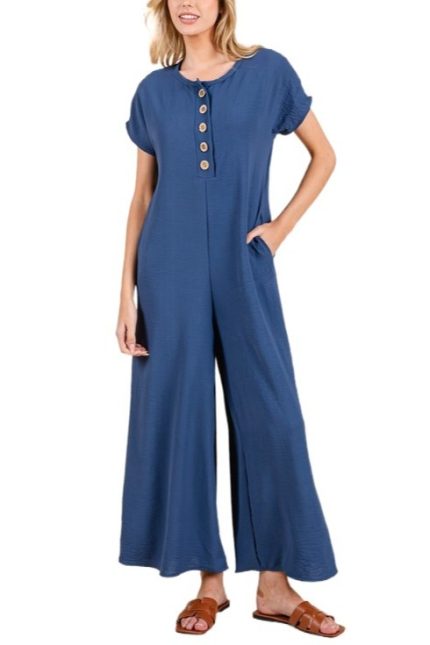 Relaxed Button Front Wide Leg Jumpsuit