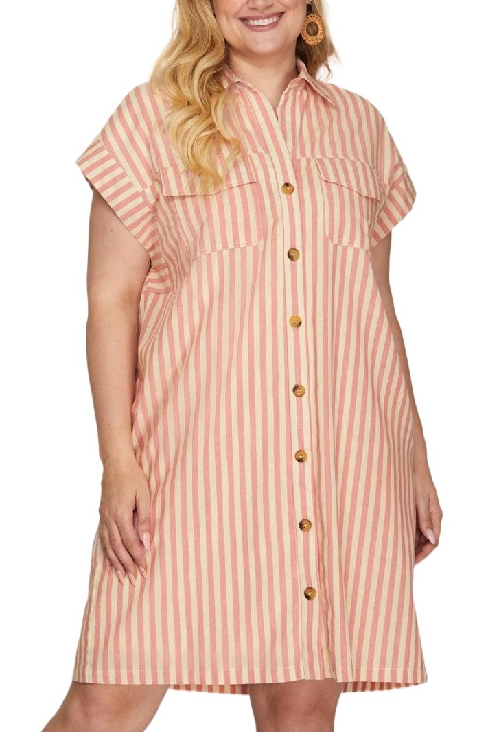 Plus Stripe Collared Button Down Mini Dress