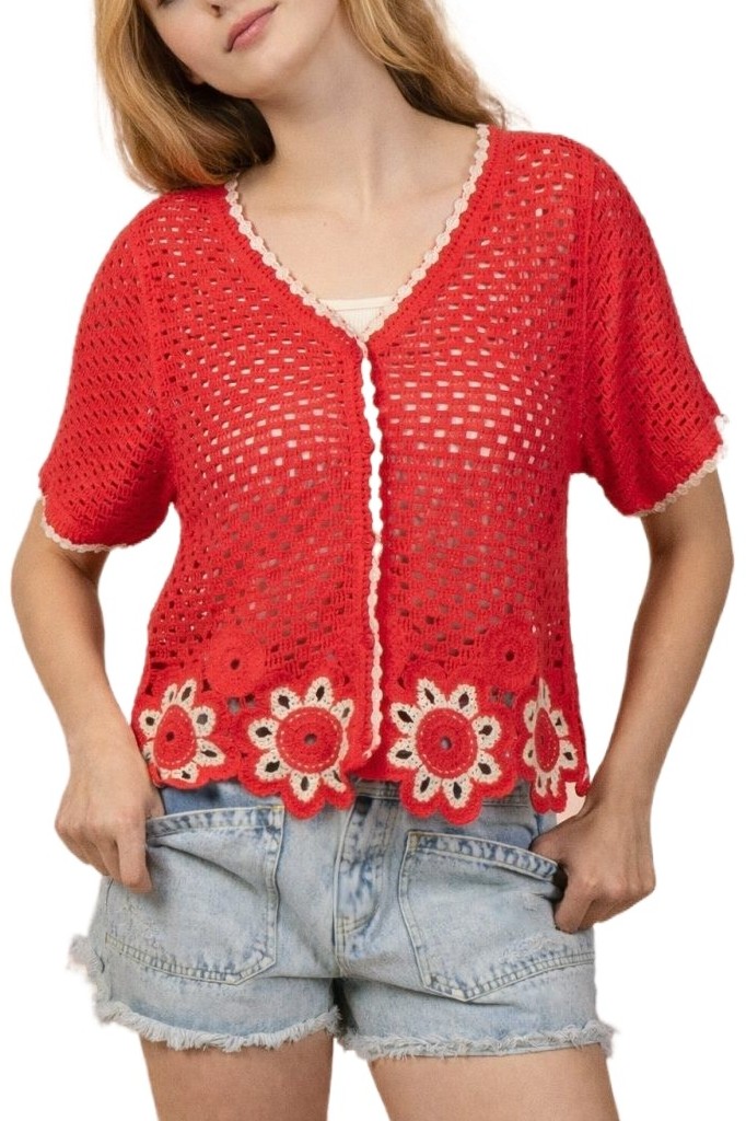 Floral Hem Crochet Button Down Top