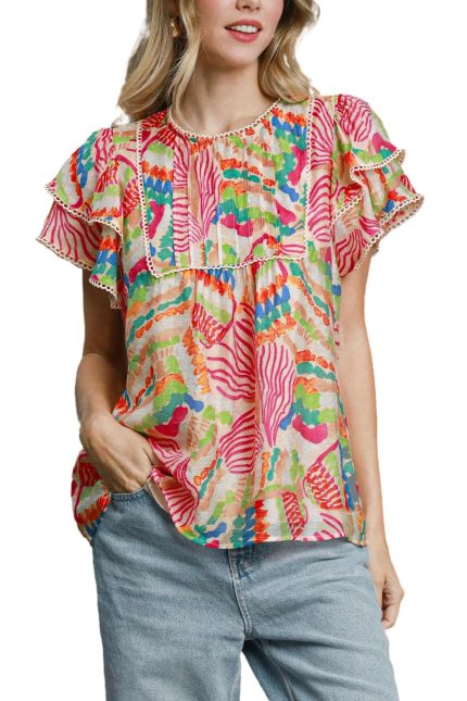 Abstract Printed Double Ruffle Sleeved Top