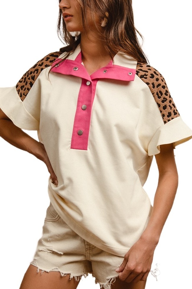 Contrast Placket Flutter Sleeve Top