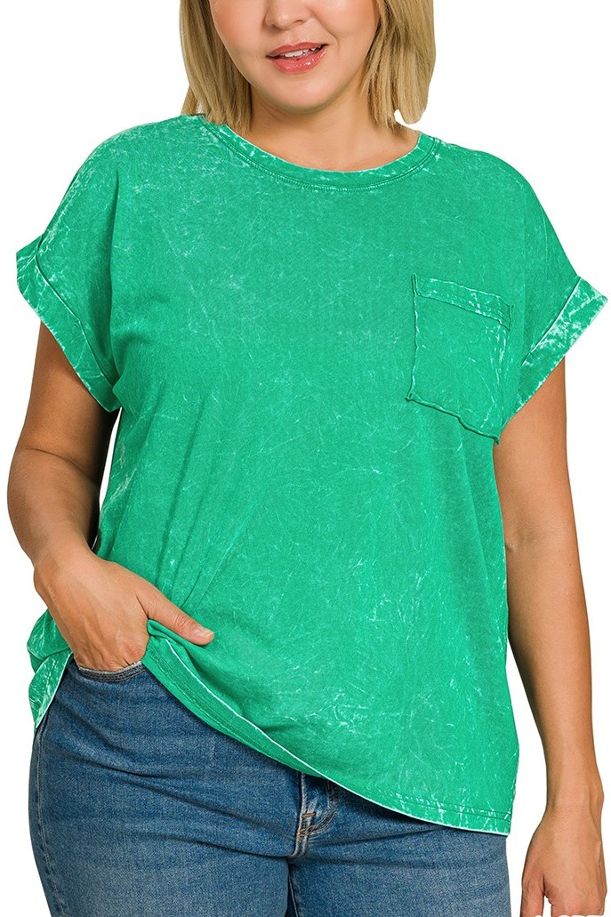 Plus Crinkle Washed R-neck Folded Short Sleeve Tee