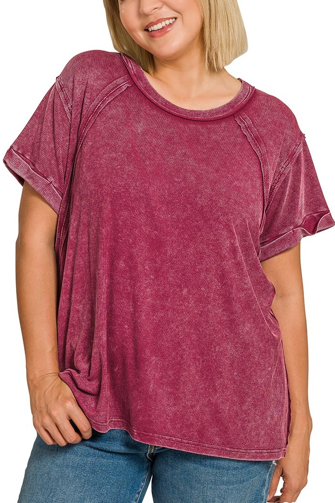 Plus Washed Ribbed Cuffed Short Sleeve R-neck Top