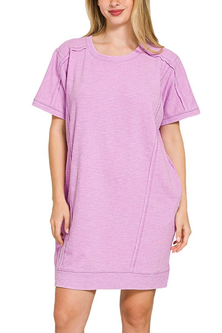 Washed Slub Short Sleeve Dress With Pockets