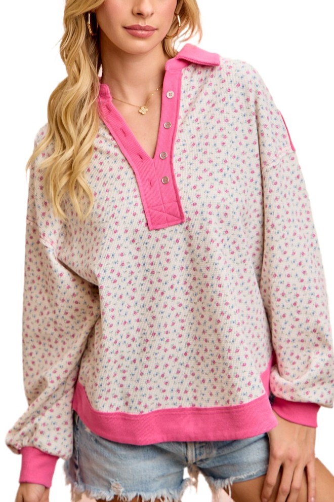 Floral Printed Thermal Buttoned Collared Top