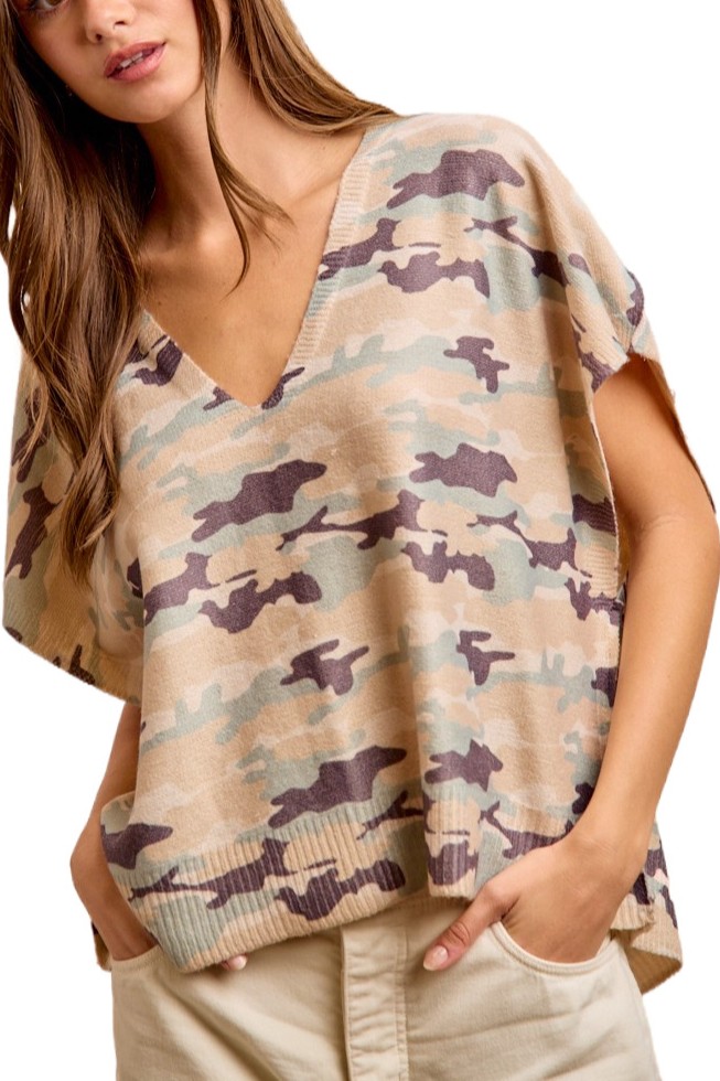 Camouflage Printed V Neckline Soft Touch Knit Top