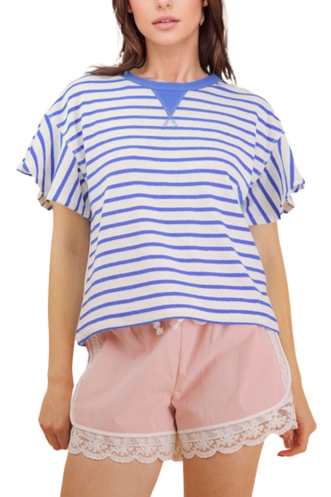 Oversized Ruffle Sleeve Casual Stripe Knit Top