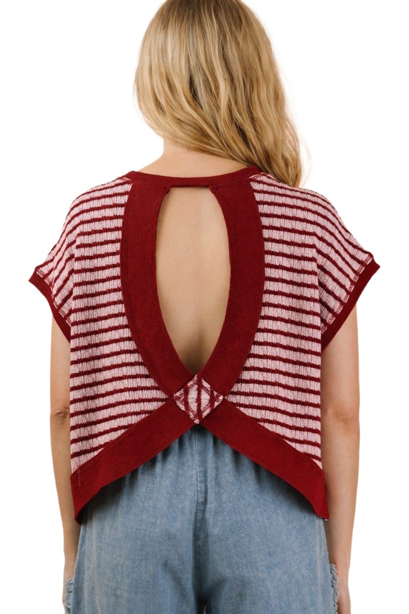 Open Back Striped Textured Knit Top