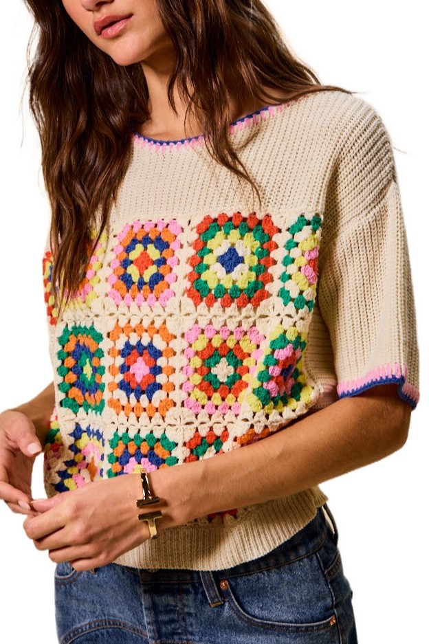 Multi Color Granny Crochet Lace Sweater Top