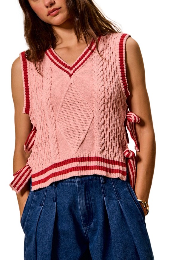 Cable Knit V Neck Sweater Vest Top With Ribbon Tie
