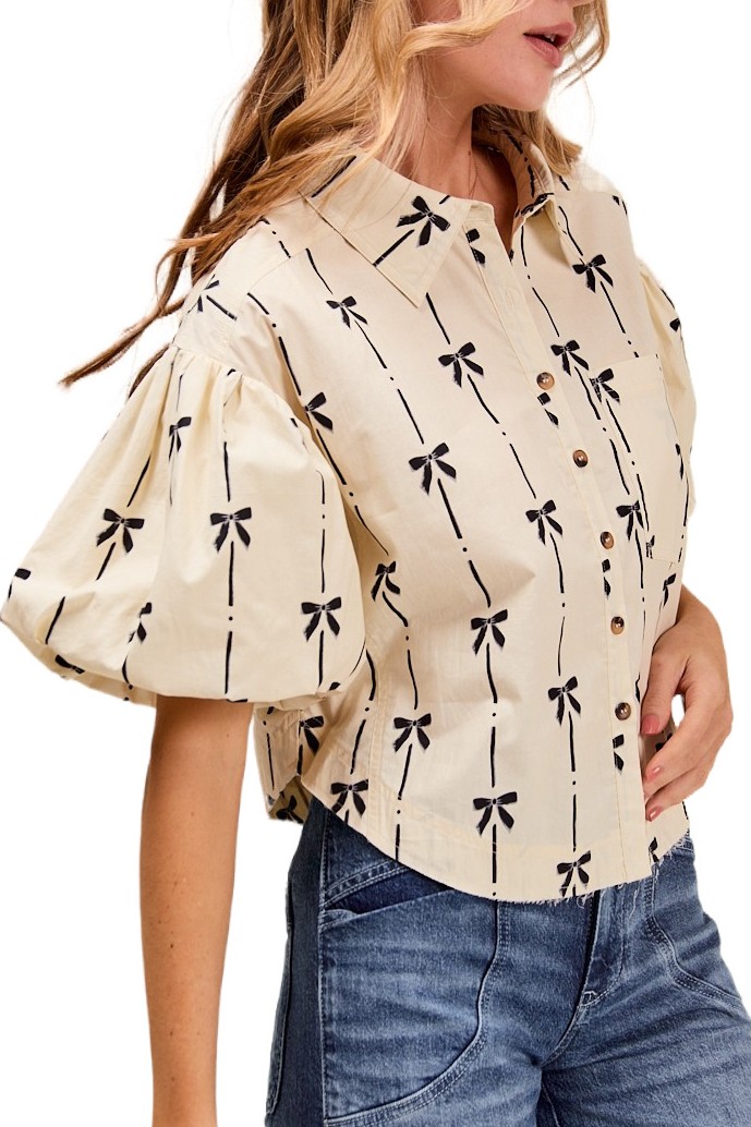 Bow Ribbon Woven Puff Sleeve Shirt Blouse Top
