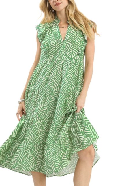 Leaf Print Tiered Midi Dress