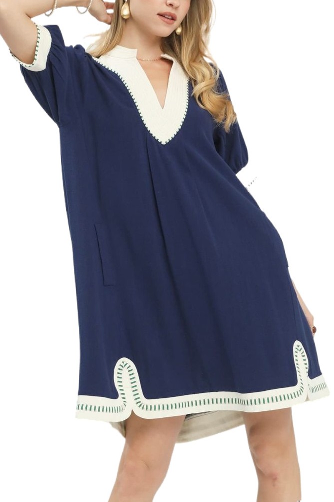 Linen Contrast Trim Midi Dress