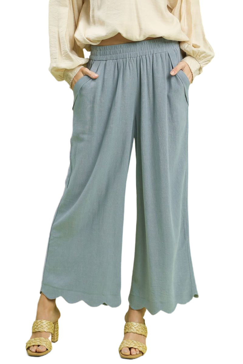 Linen Blend Scallop Hem Wide Leg Pants