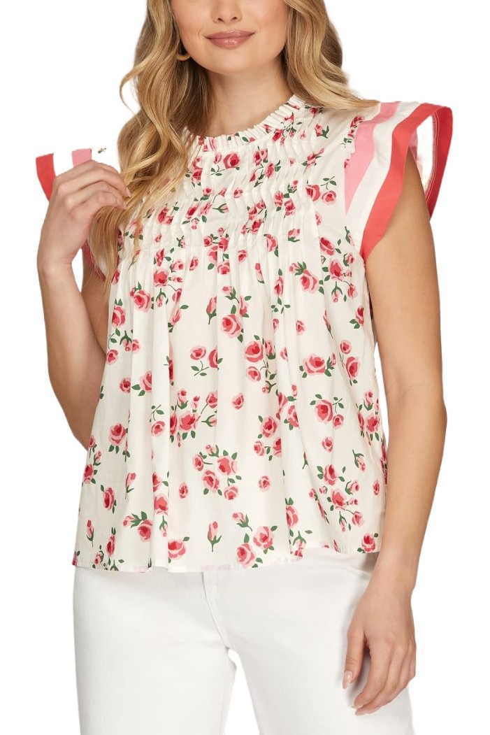 Pintuck Detail Woven Print Top