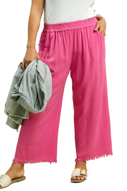Plus Linen Blend Frayed Hem Wide Leg Pants