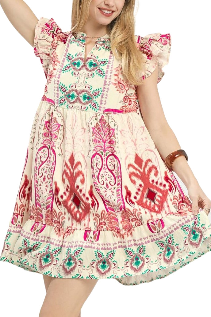 Mix Ruffle Sleeve Boho Print Dress