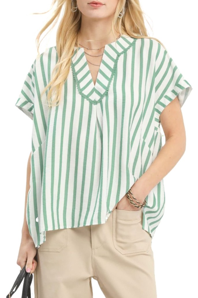 Mixed Stripe Split Neck Oversized Top