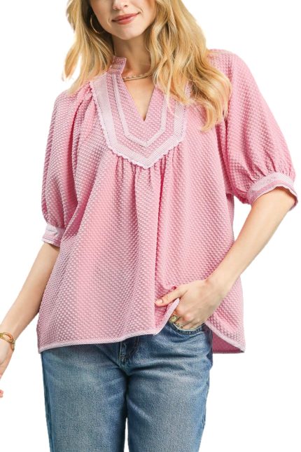 Textured Jacquard Contrast Trim Top