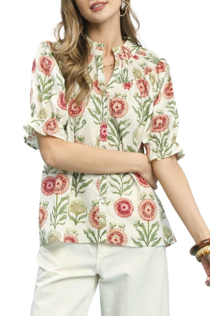 Floral Button-front Short Sleeve Top