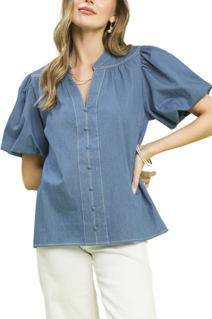 Denim Button Front Puff Sleeve Boho Blouse