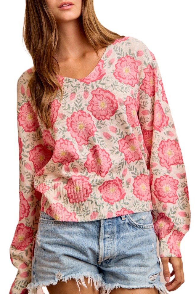 Flower Printed V Neck Knit Top With Balloon Sleeve