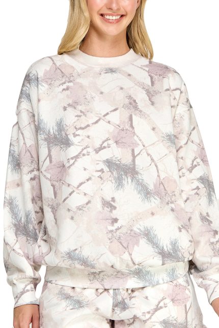 Basic Fleece Camo Relaxed Fit Crew Neck Sweatshirt