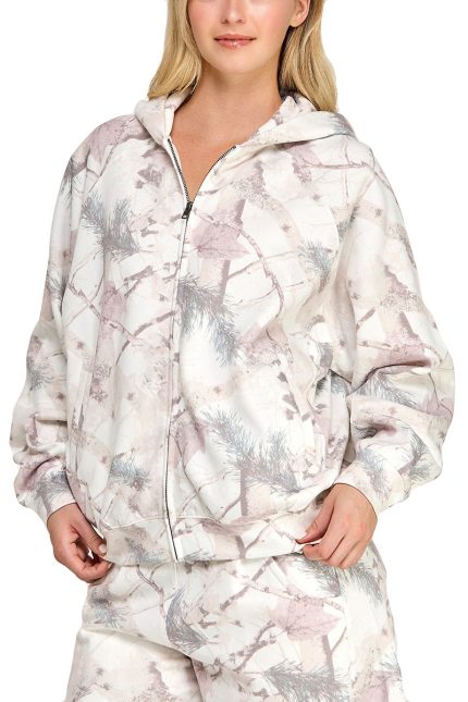 Fleece Camo Relaxed Fit Zip Up Hoodie Jacket