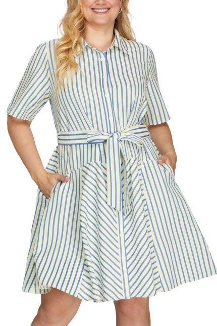 Plus Short Sleeve Striped Mini Dress