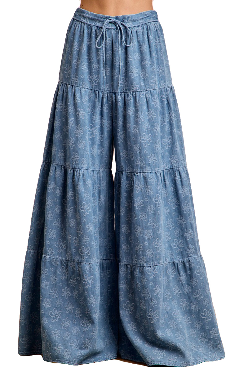 Floral Tiered Flare Denim Pants