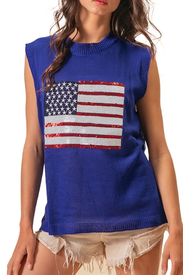 American Flag Sequins Patch Knit Top