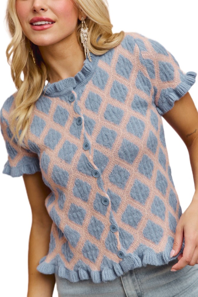 2 Tone Diamond Design Weave Ruffl Sweater Cardigan