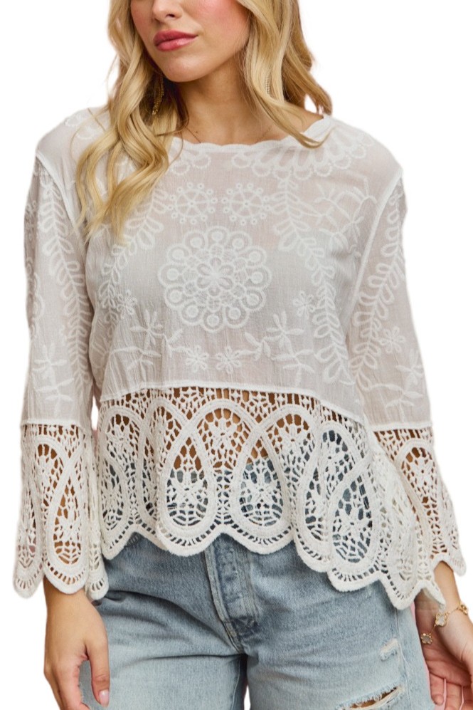 Floral Embroidered Crochet Lace Trimmed Top
