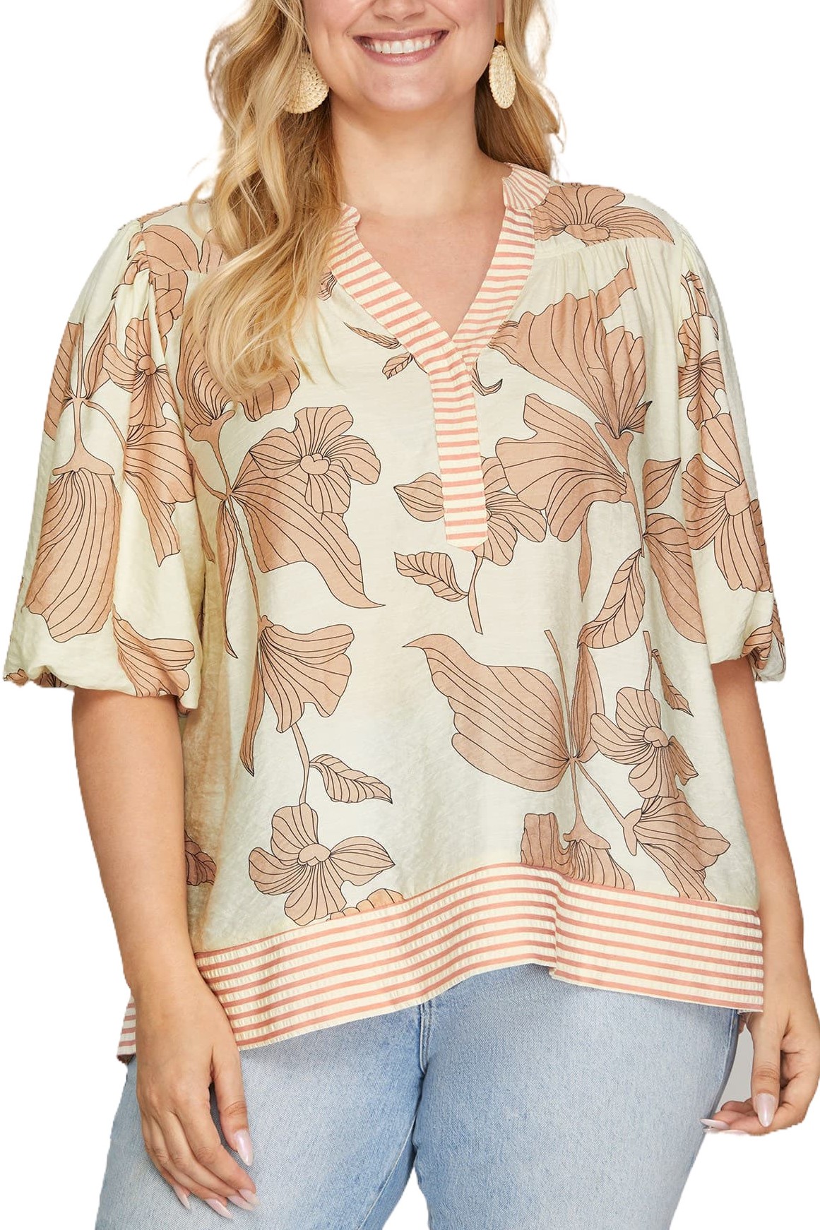 Plus Bubble Sleeve Printed Woven Top