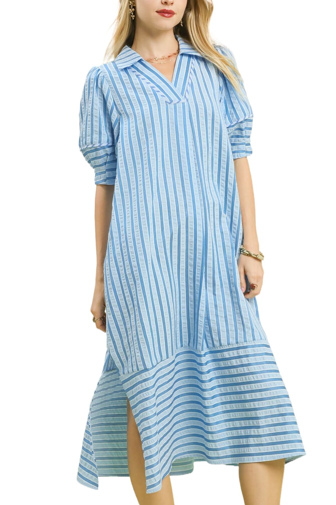 Striped Puff Sleeve Midi Dress