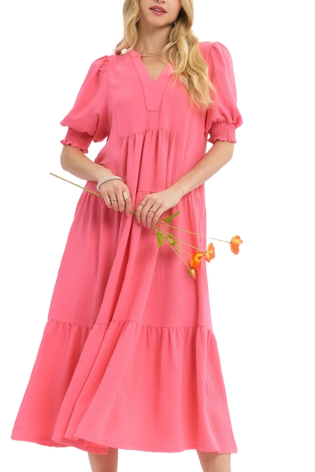 Solid V-neck Tiered Midi Dress