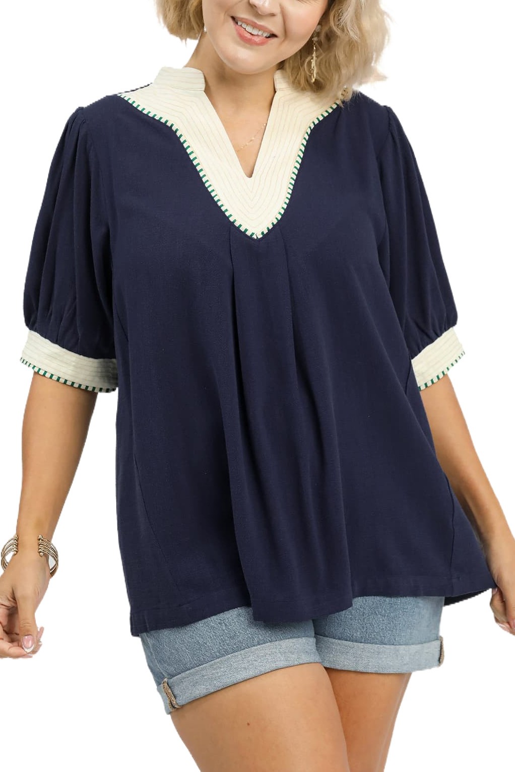 Plus Linen Blned Contrast Trim Top
