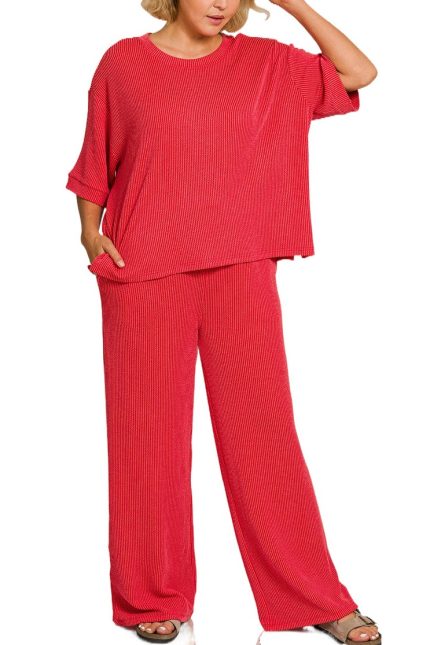Plus Raised Rib Short Sleeve Tee N Pants Set