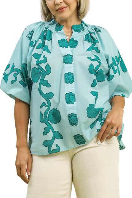 Plus Print Smocked Collared Top
