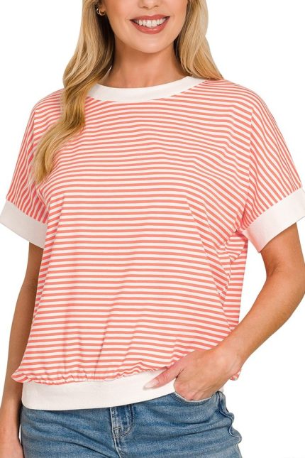 Stripe Contrast Trim Banded Bottom Top