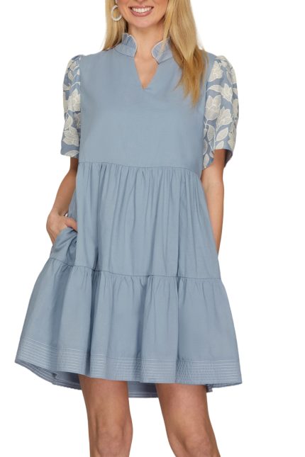 Embroidered Sleeve Woven Mini Dress