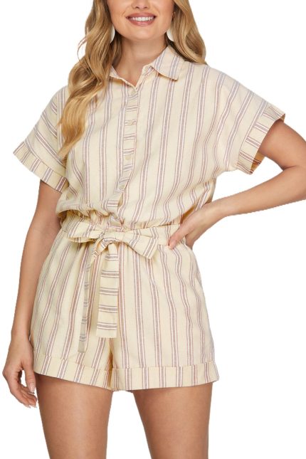Drop Shoulder Striped Romper