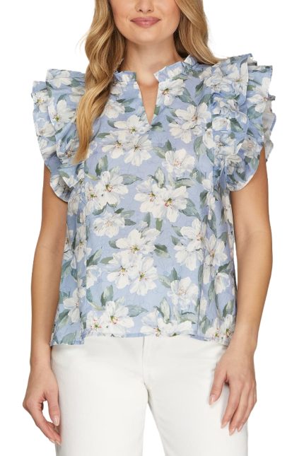 Ruffle Sleeve Printed Top