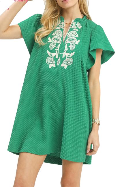Embroidered Flutter Sleeve Dress