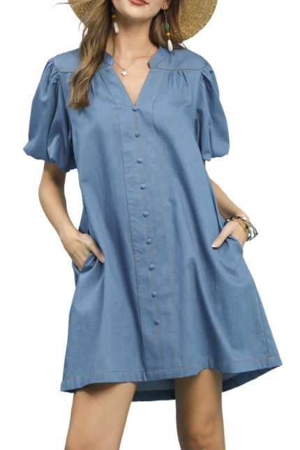 Chambray Puff Sleeve Dress