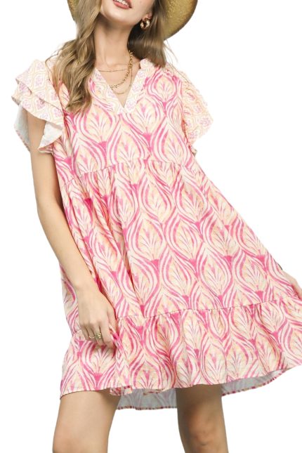 Mix Printed Flutter Sleeve Dress