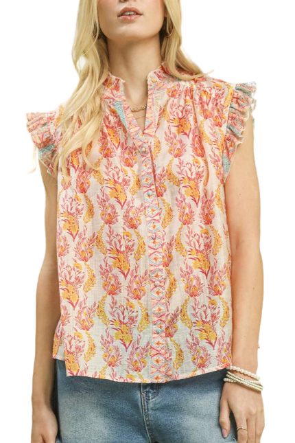 Floral Print Flutter Sleeve Split Neck Top